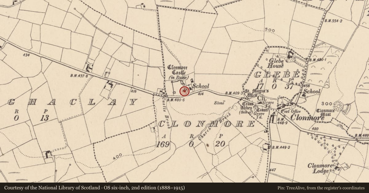 Ordnance Survey six-inch map, 2nd edition (1888–1915) covering the location of Cross-slab, Clonmore, County Carlow, with a pin at the register's coordinates