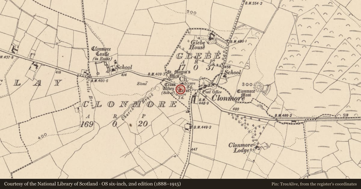 Ordnance Survey six-inch map, 2nd edition (1888–1915) covering the location of Graveyard, Glebe, County Carlow, with a pin at the register's coordinates
