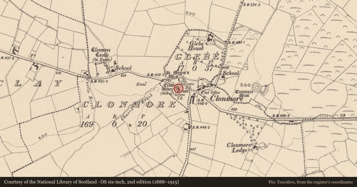Ordnance Survey six-inch map, 2nd edition (1888–1915) covering the location of Architectural fragment, Glebe, County Carlow, with a pin at the register's coordinates