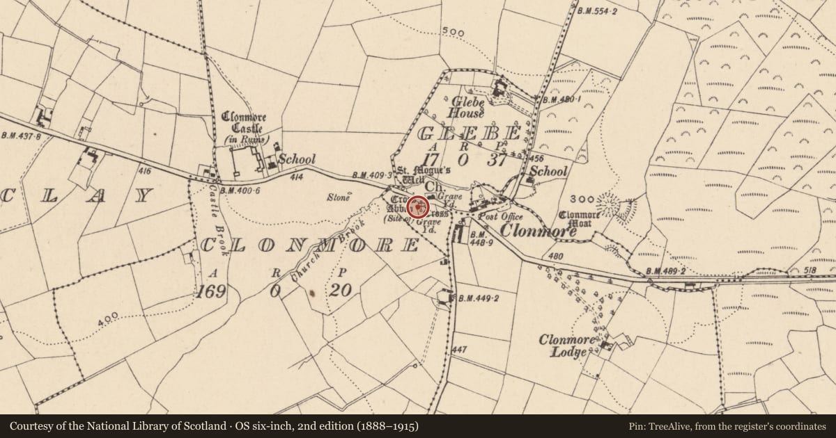 Ordnance Survey six-inch map, 2nd edition (1888–1915) covering the location of Cross-slab, Glebe, County Carlow, with a pin at the register's coordinates