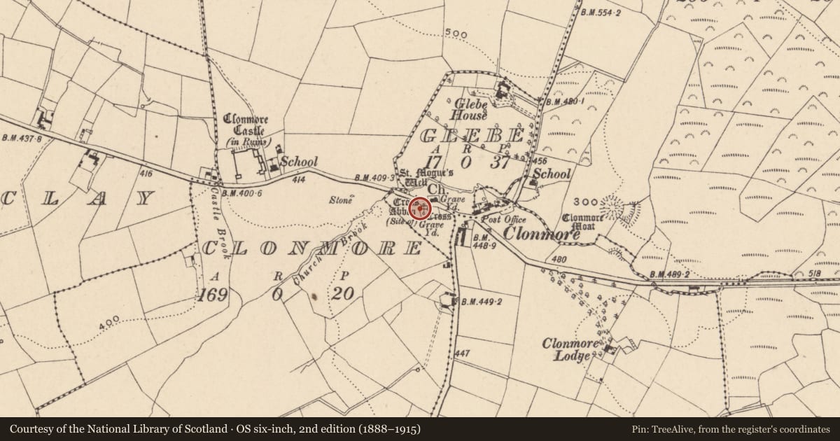 Ordnance Survey six-inch map, 2nd edition (1888–1915) covering the location of Cross-slab, Glebe, County Carlow, with a pin at the register's coordinates