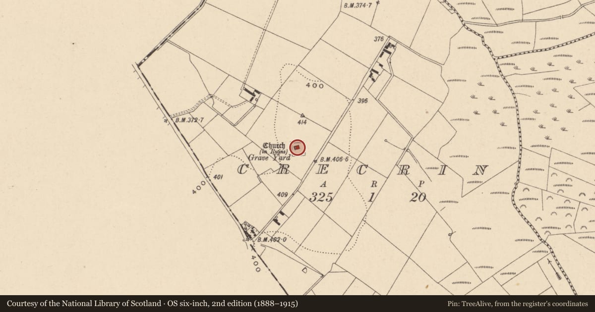Ordnance Survey six-inch map, 2nd edition (1888–1915) covering the location of Church, Crecrin, County Carlow, with a pin at the register's coordinates
