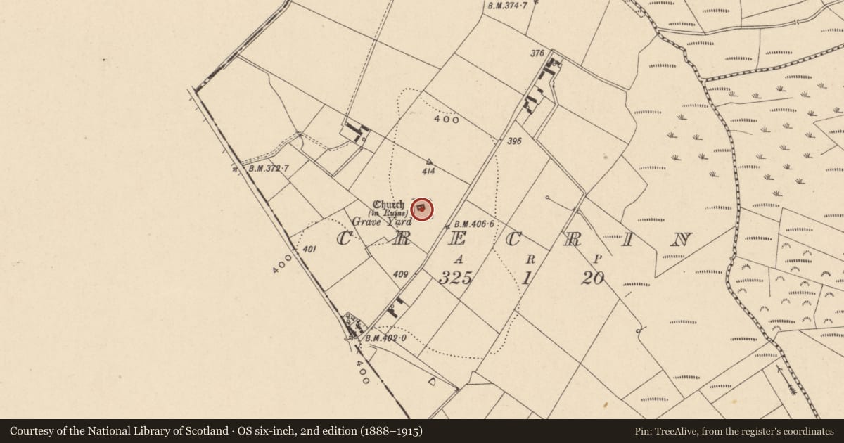 Ordnance Survey six-inch map, 2nd edition (1888–1915) covering the location of Graveyard, Crecrin, County Carlow, with a pin at the register's coordinates