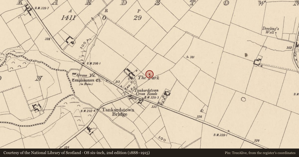 Ordnance Survey six-inch map, 2nd edition (1888–1915) covering the location of Mound, Tankardstown, County Carlow, with a pin at the register's coordinates