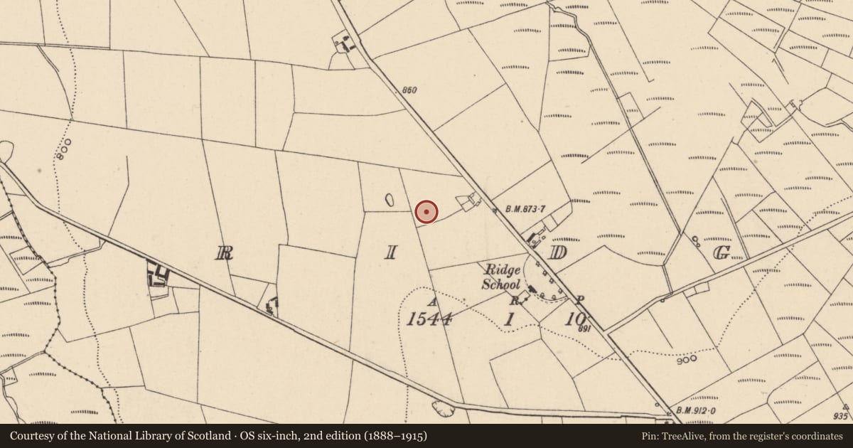 Ordnance Survey six-inch map, 2nd edition (1888–1915) covering the location of Enclosure, Ridge, County Carlow, with a pin at the register's coordinates