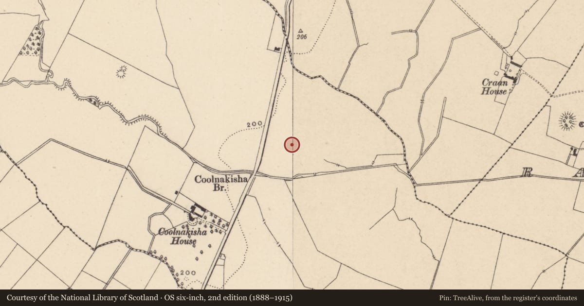 Ordnance Survey six-inch map, 2nd edition (1888–1915) covering the location of Metalworking site, Coolnakisha, County Carlow, with a pin at the register's coordinates