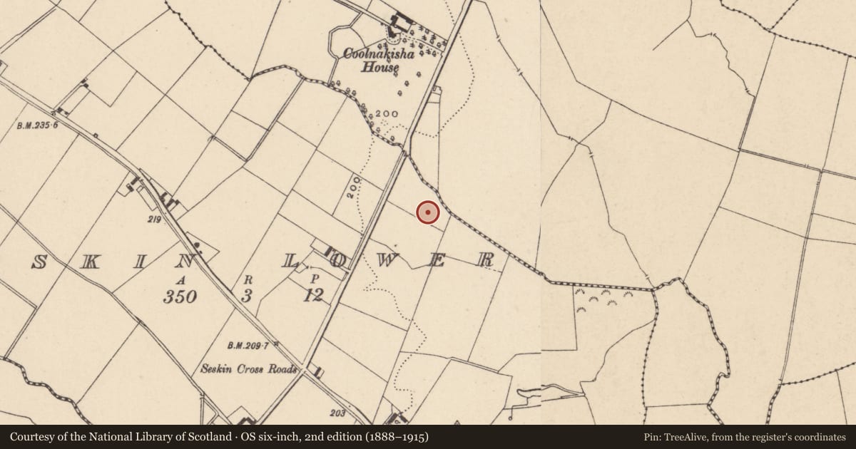 Ordnance Survey six-inch map, 2nd edition (1888–1915) covering the location of Fulacht fia, Seskin Lower, County Carlow, with a pin at the register's coordinates