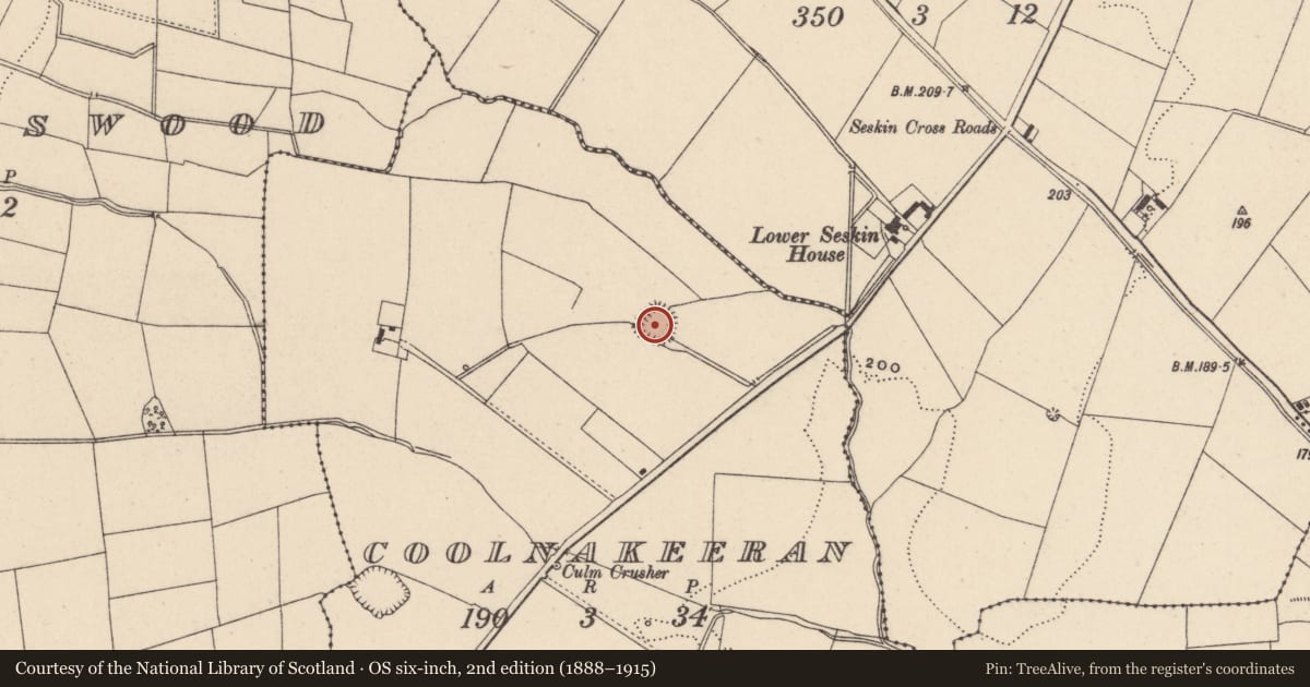 Ordnance Survey six-inch map, 2nd edition (1888–1915) covering the location of Ringfort - rath, Coolnakeeran, County Carlow, with a pin at the register's coordinates