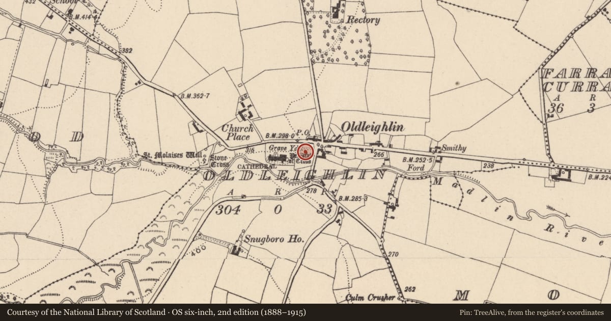 Ordnance Survey six-inch map, 2nd edition (1888–1915) covering the location of Cross, Oldleighlin, County Carlow, with a pin at the register's coordinates