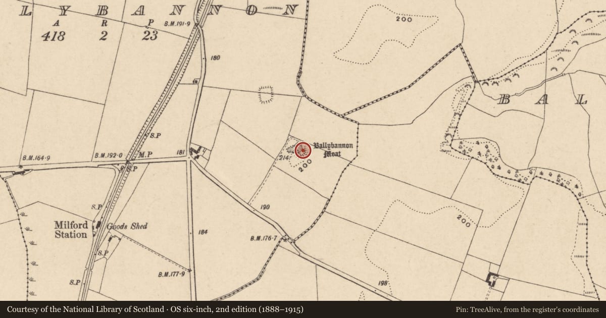 Ordnance Survey six-inch map, 2nd edition (1888–1915) covering the location of Earthwork, Ballybannon, County Carlow, with a pin at the register's coordinates