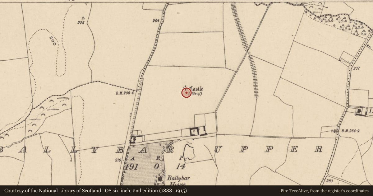 Ordnance Survey six-inch map, 2nd edition (1888–1915) covering the location of Bawn, Ballybar Upper, County Carlow, with a pin at the register's coordinates