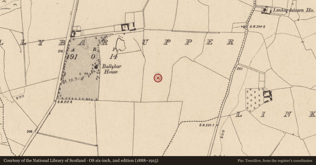 Ordnance Survey six-inch map, 2nd edition (1888–1915) covering the location of Enclosure, Ballybar Upper, County Carlow, with a pin at the register's coordinates