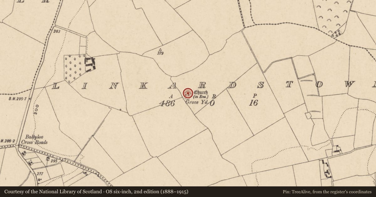 Ordnance Survey six-inch map, 2nd edition (1888–1915) covering the location of Church, Linkardstown, County Carlow, with a pin at the register's coordinates