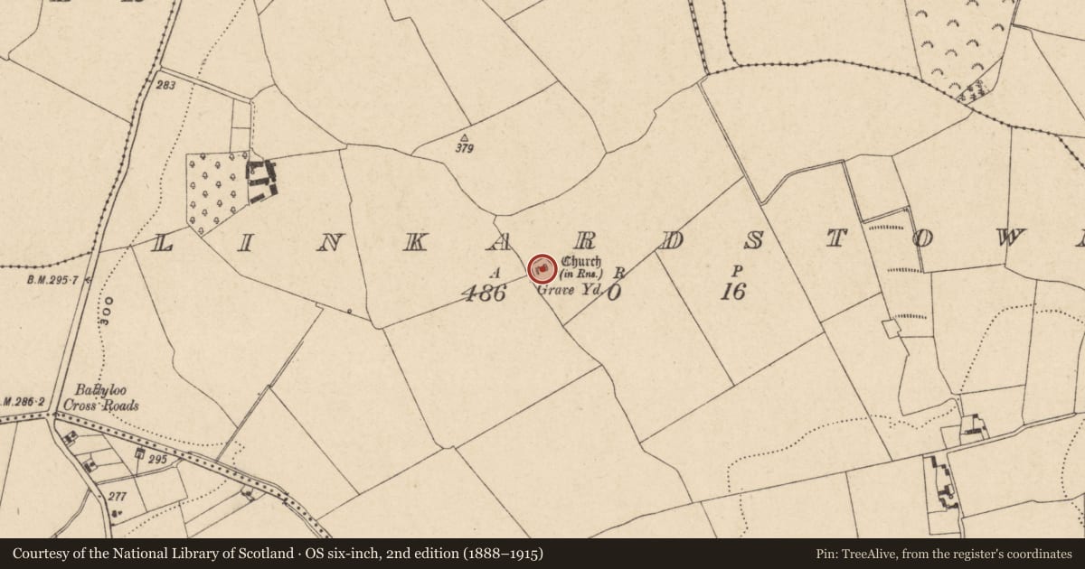 Ordnance Survey six-inch map, 2nd edition (1888–1915) covering the location of Font, Linkardstown, County Carlow, with a pin at the register's coordinates