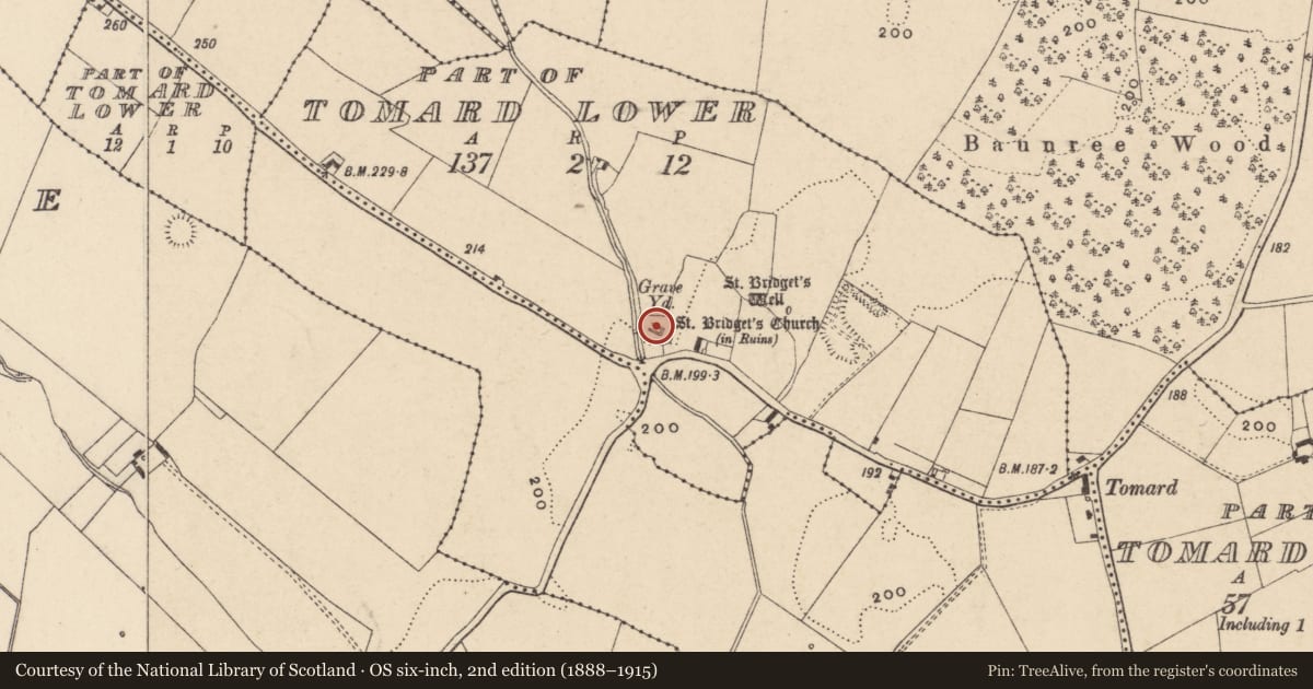 Ordnance Survey six-inch map, 2nd edition (1888–1915) covering the location of Church, Tomard Lower (3 Detached portions), County Carlow, with a pin at the register's coordinates