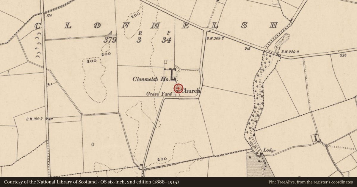 Ordnance Survey six-inch map, 2nd edition (1888–1915) covering the location of Church, Clonmelsh, County Carlow, with a pin at the register's coordinates