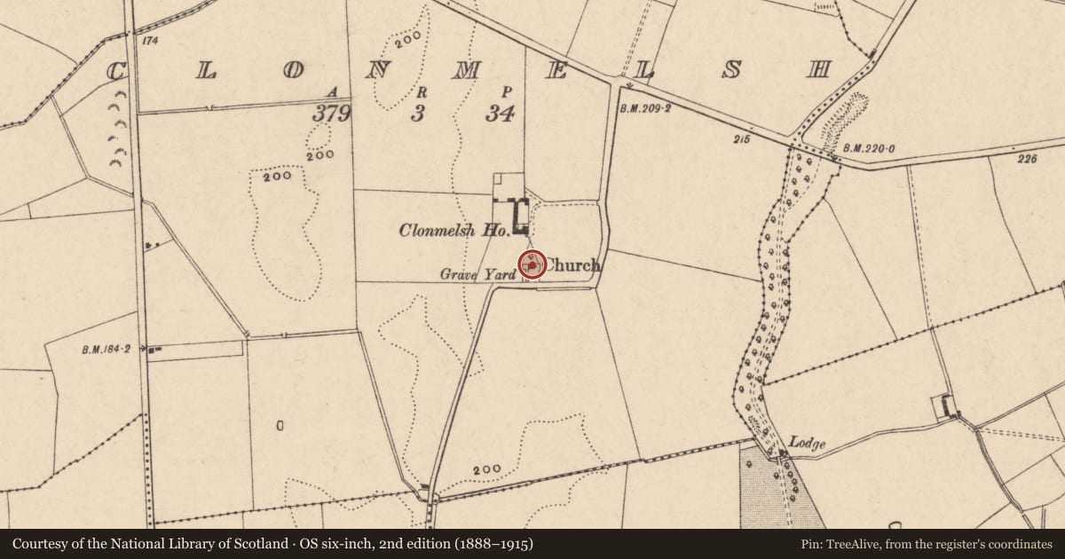 Ordnance Survey six-inch map, 2nd edition (1888–1915) covering the location of Font, Clonmelsh, County Carlow, with a pin at the register's coordinates