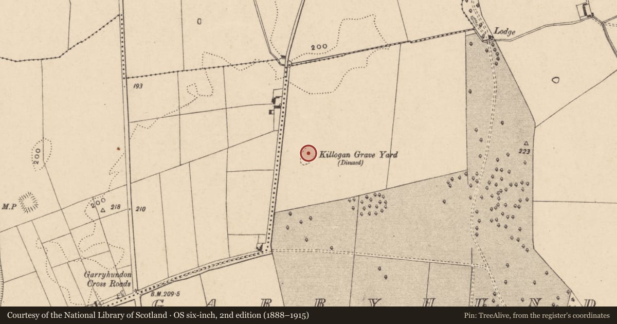 Ordnance Survey six-inch map, 2nd edition (1888–1915) covering the location of Burial ground, Garryhundon, County Carlow, with a pin at the register's coordinates