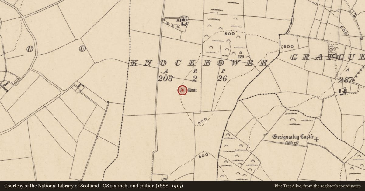 Ordnance Survey six-inch map, 2nd edition (1888–1915) covering the location of Barrow - mound barrow, Knockbower, County Carlow, with a pin at the register's coordinates