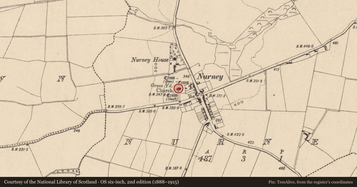 Ordnance Survey six-inch map, 2nd edition (1888–1915) covering the location of Church, Nurney, County Carlow, with a pin at the register's coordinates