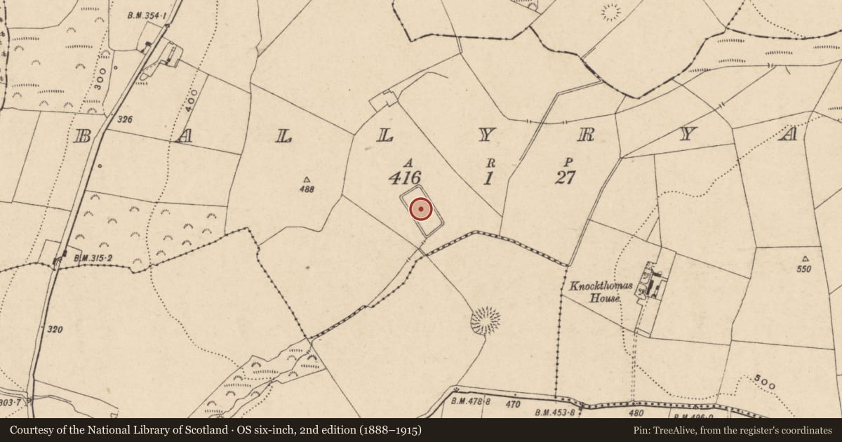 Ordnance Survey six-inch map, 2nd edition (1888–1915) covering the location of Moated site, Ballyryan, County Carlow, with a pin at the register's coordinates