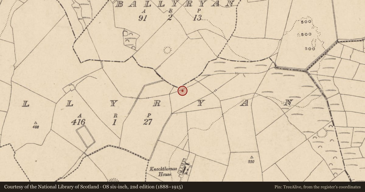 Ordnance Survey six-inch map, 2nd edition (1888–1915) covering the location of Earthwork, Ballyryan, County Carlow, with a pin at the register's coordinates