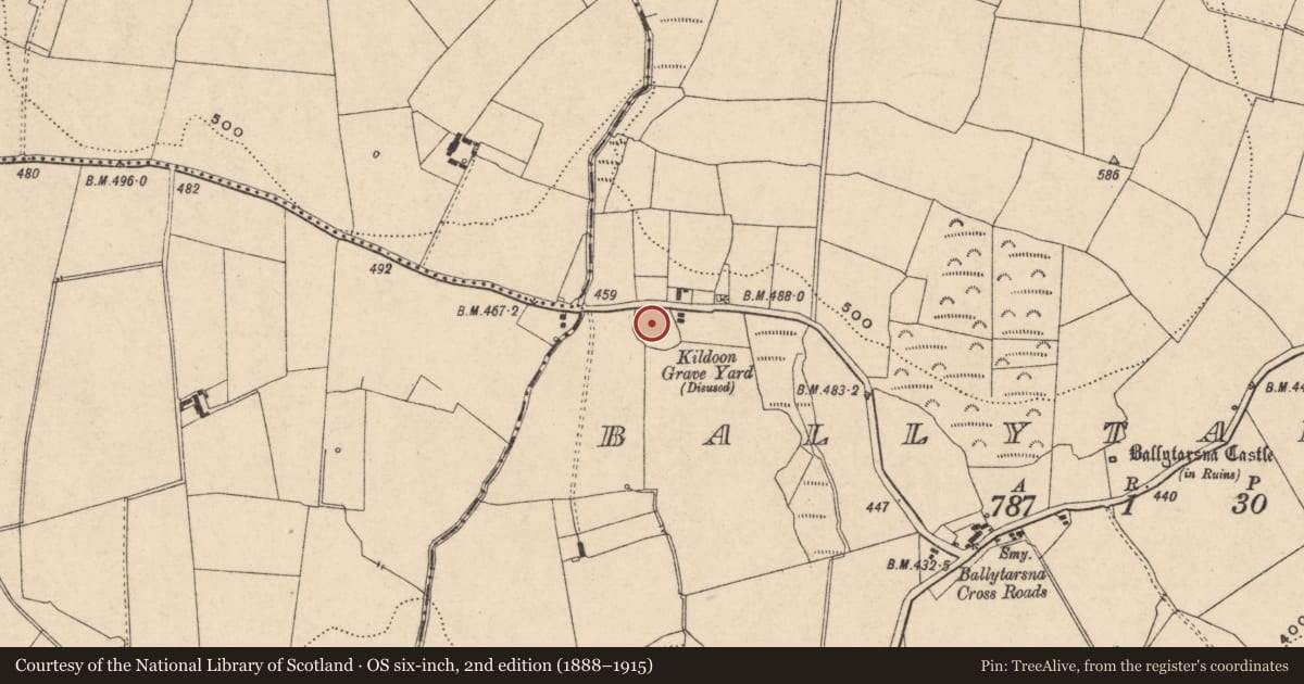 Ordnance Survey six-inch map, 2nd edition (1888–1915) covering the location of Burial ground, Ballytarsna, County Carlow, with a pin at the register's coordinates