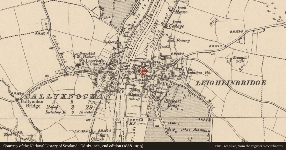 Ordnance Survey six-inch map, 2nd edition (1888–1915) covering the location of Historic town, Ballyknockan, Leighlinbridge, County Carlow, with a pin at the register's coordinates