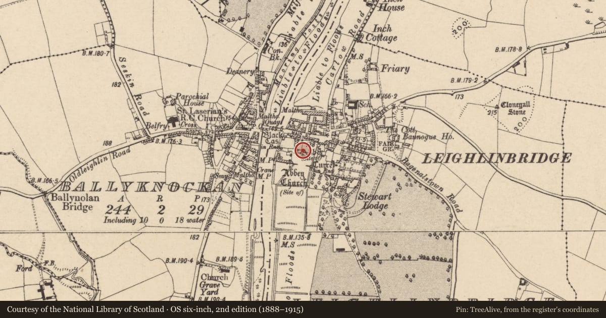 Ordnance Survey six-inch map, 2nd edition (1888–1915) covering the location of Religious house - Carmelite friars, Leighlinbridge, County Carlow, with a pin at the register's coordinates