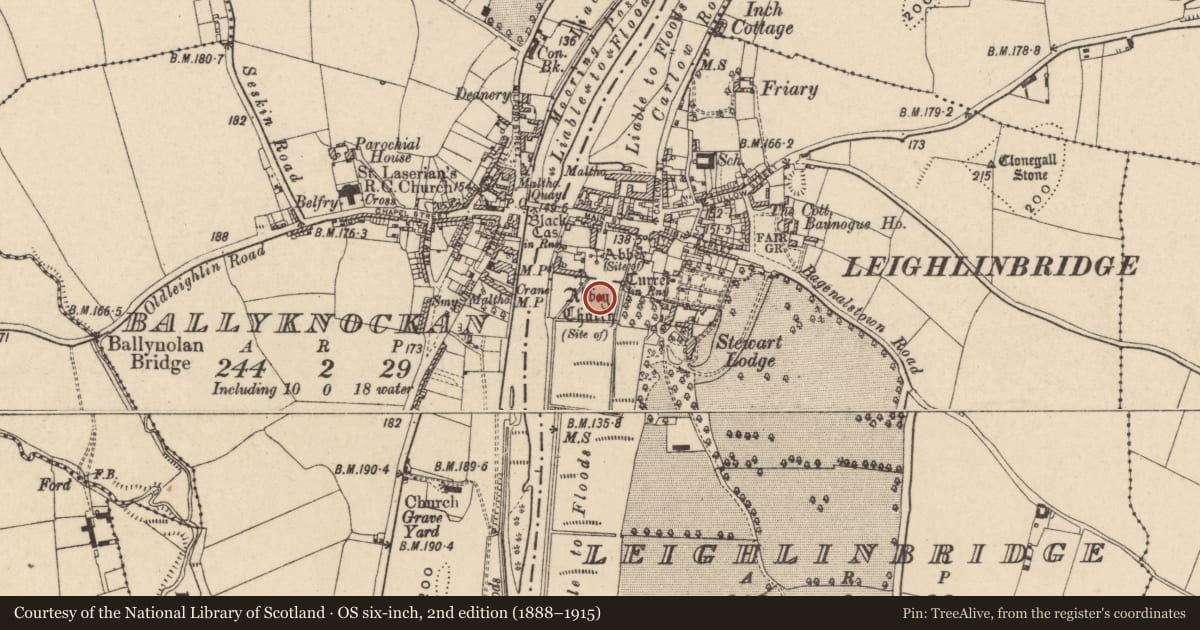 Ordnance Survey six-inch map, 2nd edition (1888–1915) covering the location of Flat cemetery, Leighlinbridge, County Carlow, with a pin at the register's coordinates