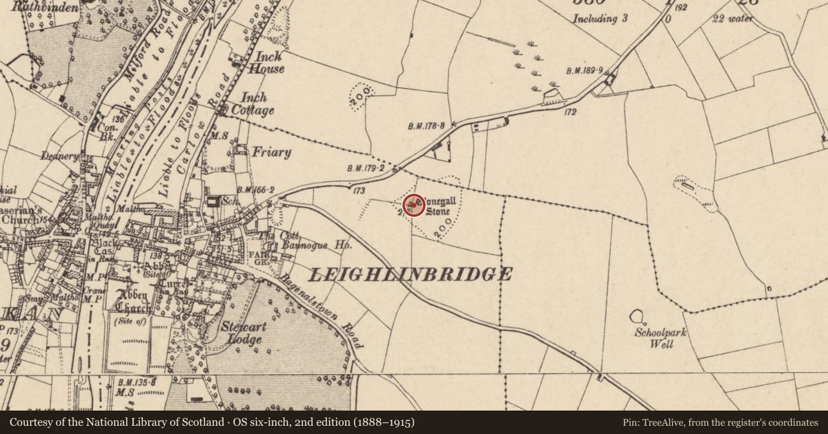 Ordnance Survey six-inch map, 2nd edition (1888–1915) covering the location of Enclosure, Leighlinbridge, County Carlow, with a pin at the register's coordinates