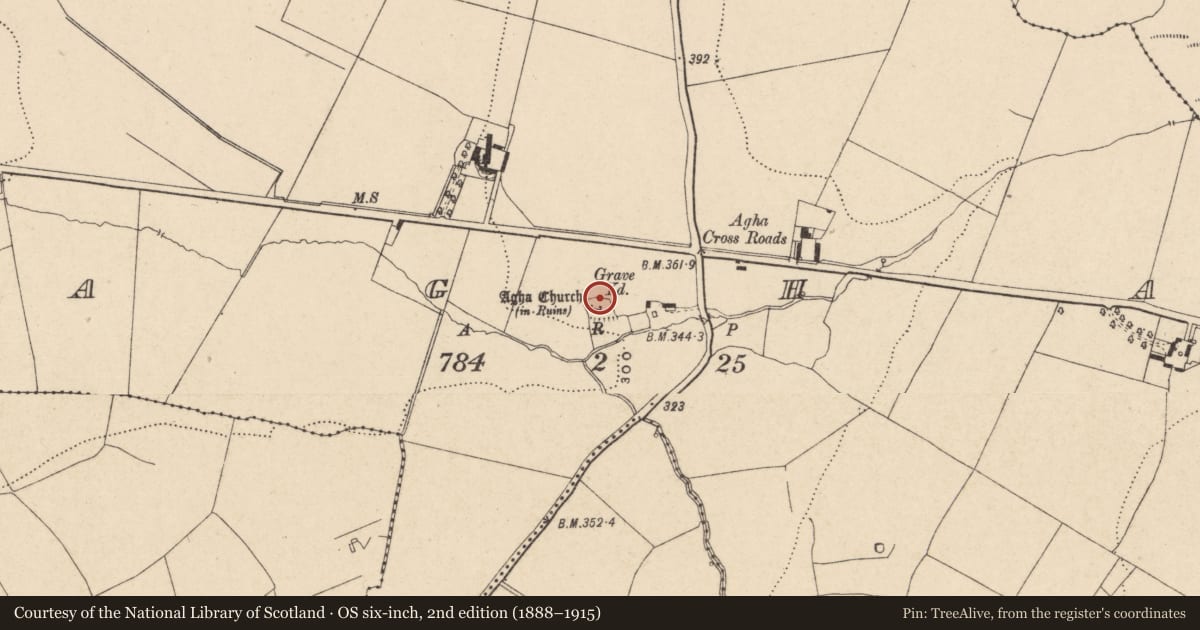 Ordnance Survey six-inch map, 2nd edition (1888–1915) covering the location of Church, Agha, County Carlow, with a pin at the register's coordinates