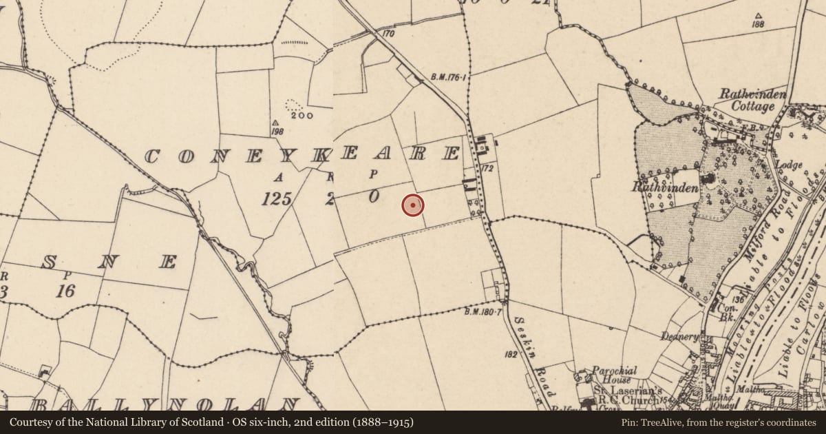Ordnance Survey six-inch map, 2nd edition (1888–1915) covering the location of Ring-ditch, Coneykeare, County Carlow, with a pin at the register's coordinates