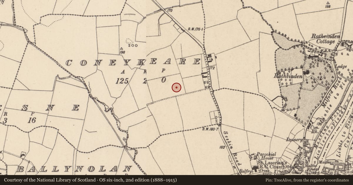 Ordnance Survey six-inch map, 2nd edition (1888–1915) covering the location of Ring-ditch, Coneykeare, County Carlow, with a pin at the register's coordinates