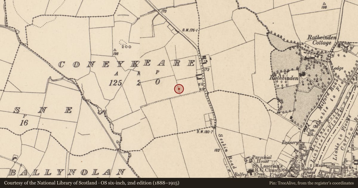 Ordnance Survey six-inch map, 2nd edition (1888–1915) covering the location of Ring-ditch, Coneykeare, County Carlow, with a pin at the register's coordinates