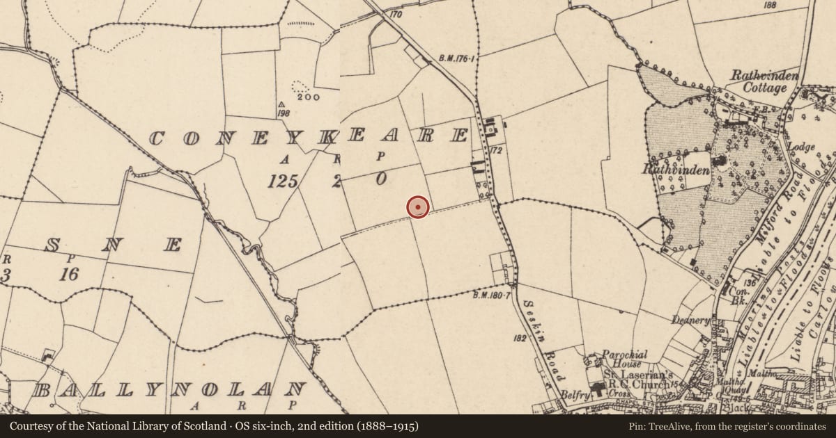 Ordnance Survey six-inch map, 2nd edition (1888–1915) covering the location of Ring-ditch, Coneykeare, County Carlow, with a pin at the register's coordinates
