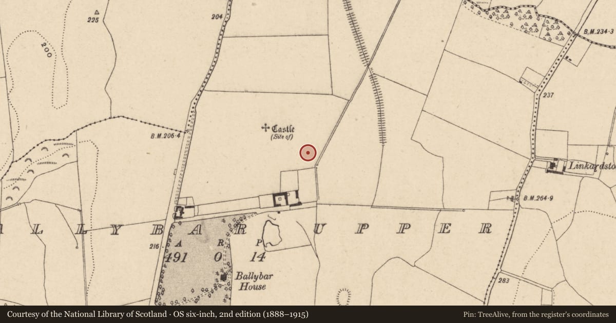 Ordnance Survey six-inch map, 2nd edition (1888–1915) covering the location of Enclosure, Ballybar Upper, County Carlow, with a pin at the register's coordinates