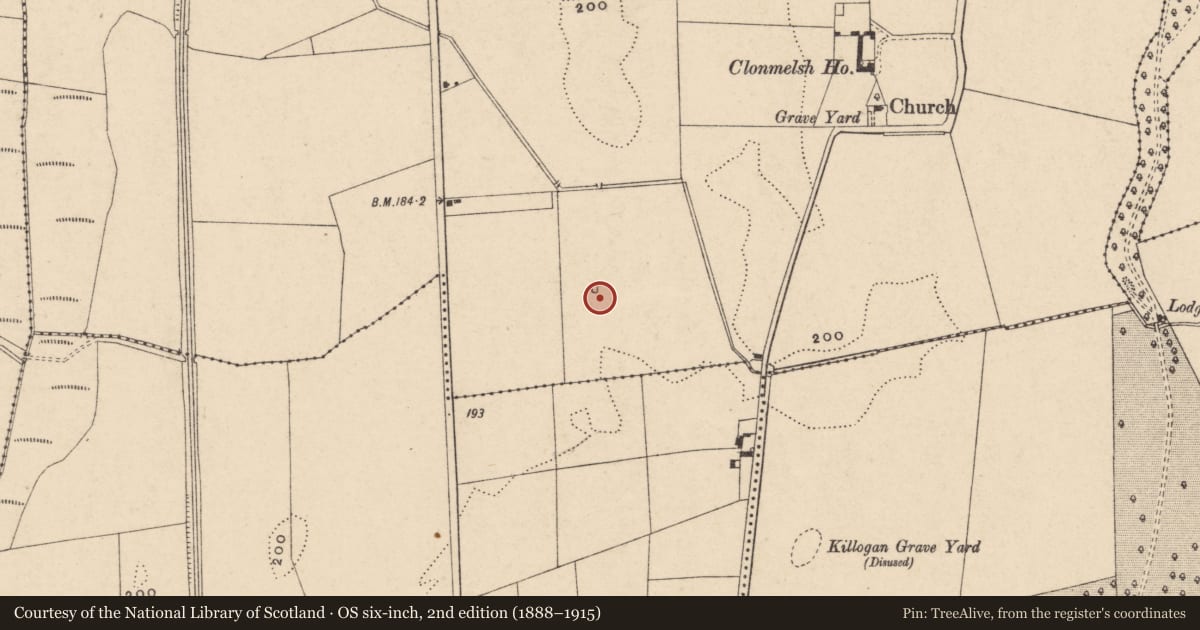 Ordnance Survey six-inch map, 2nd edition (1888–1915) covering the location of Enclosure, Clonmelsh, County Carlow, with a pin at the register's coordinates