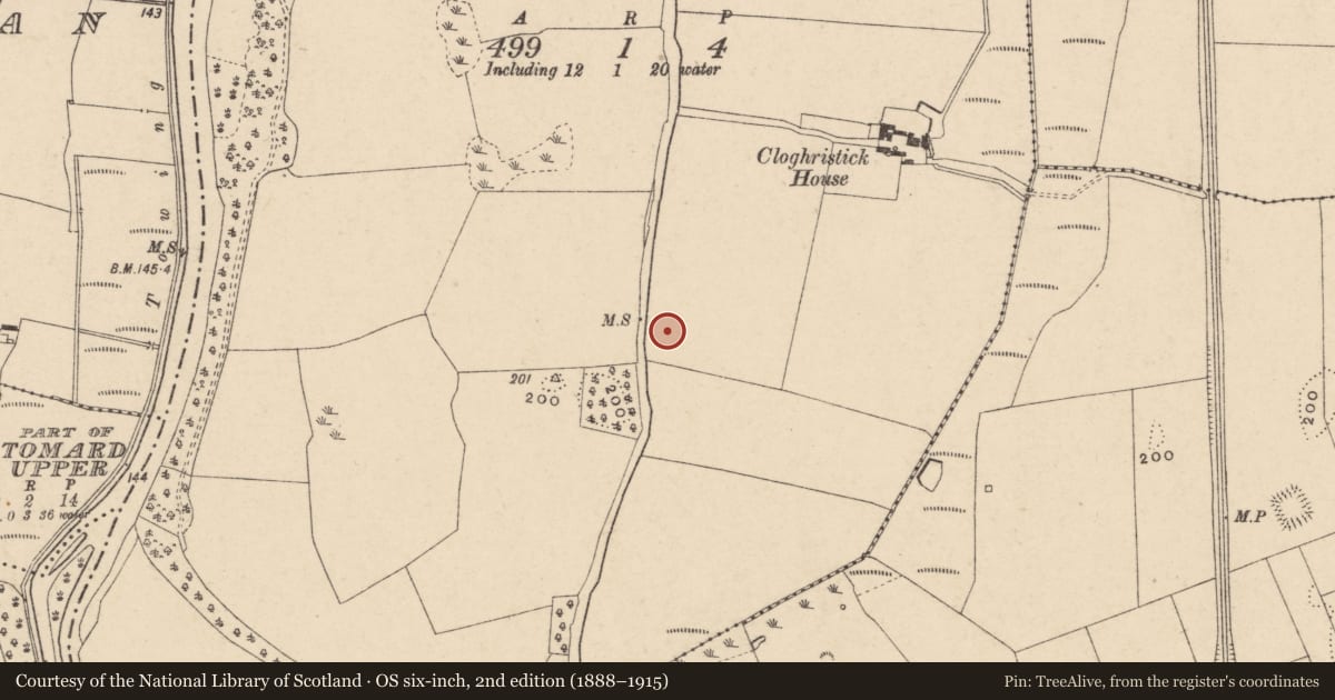 Ordnance Survey six-inch map, 2nd edition (1888–1915) covering the location of Metalworking site, Cloghristick, County Carlow, with a pin at the register's coordinates