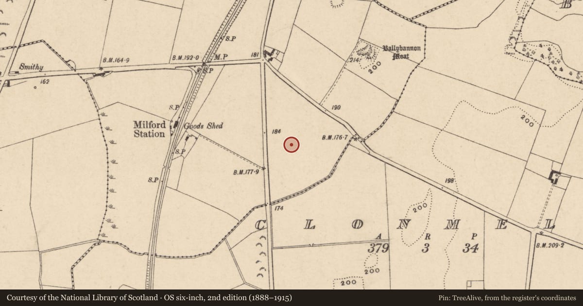 Ordnance Survey six-inch map, 2nd edition (1888–1915) covering the location of Enclosure, Ballybannon, County Carlow, with a pin at the register's coordinates