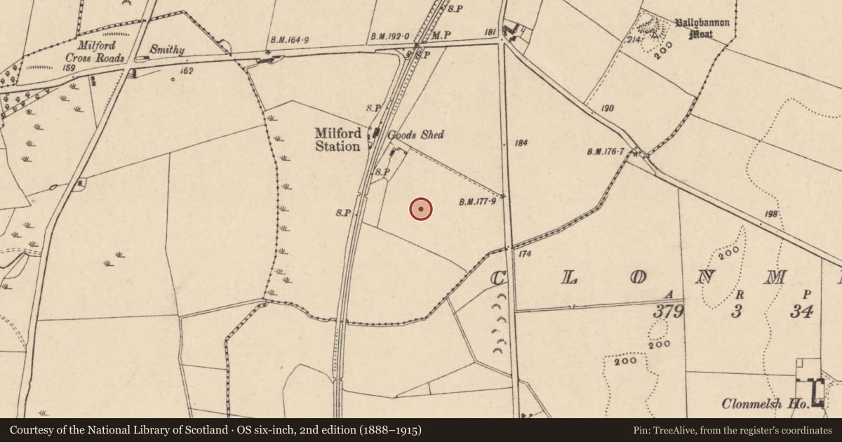 Ordnance Survey six-inch map, 2nd edition (1888–1915) covering the location of Flat cemetery, Ballybannon, County Carlow, with a pin at the register's coordinates