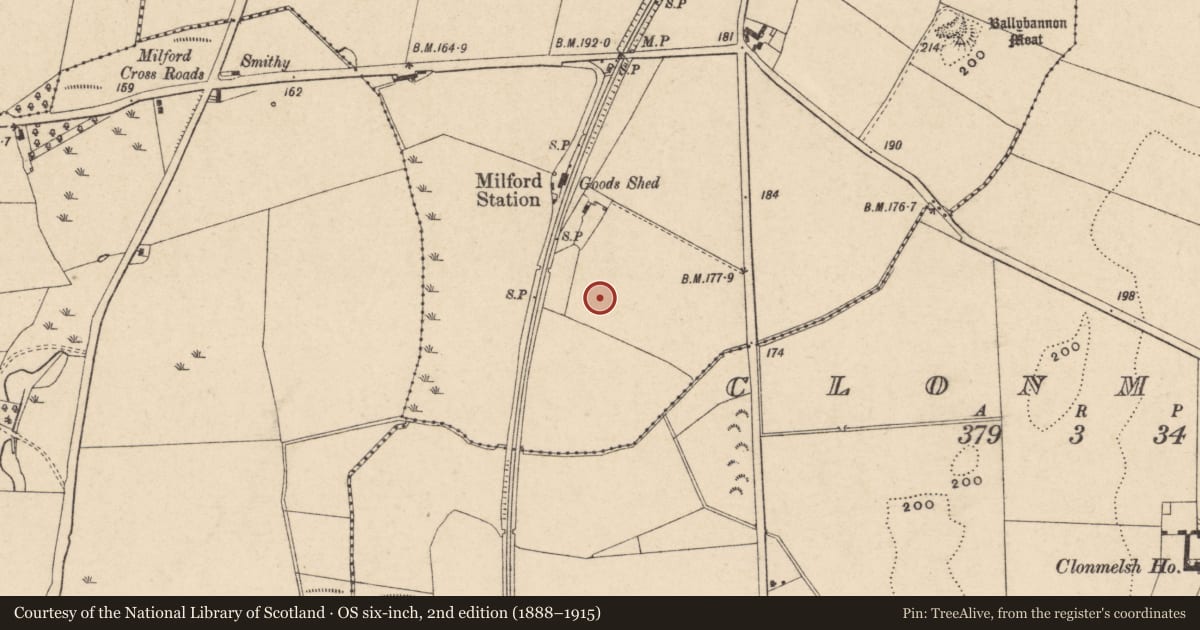 Ordnance Survey six-inch map, 2nd edition (1888–1915) covering the location of Ring-ditch, Ballybannon, County Carlow, with a pin at the register's coordinates