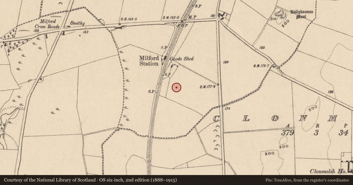Ordnance Survey six-inch map, 2nd edition (1888–1915) covering the location of Ring-ditch, Ballybannon, County Carlow, with a pin at the register's coordinates