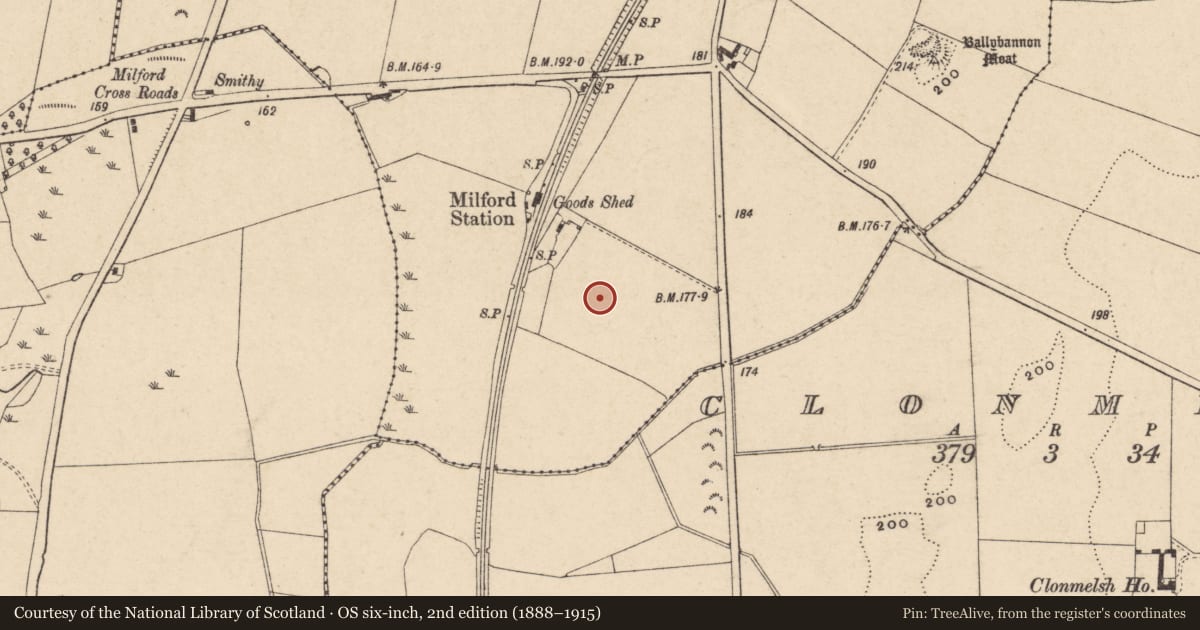 Ordnance Survey six-inch map, 2nd edition (1888–1915) covering the location of Ring-ditch, Ballybannon, County Carlow, with a pin at the register's coordinates