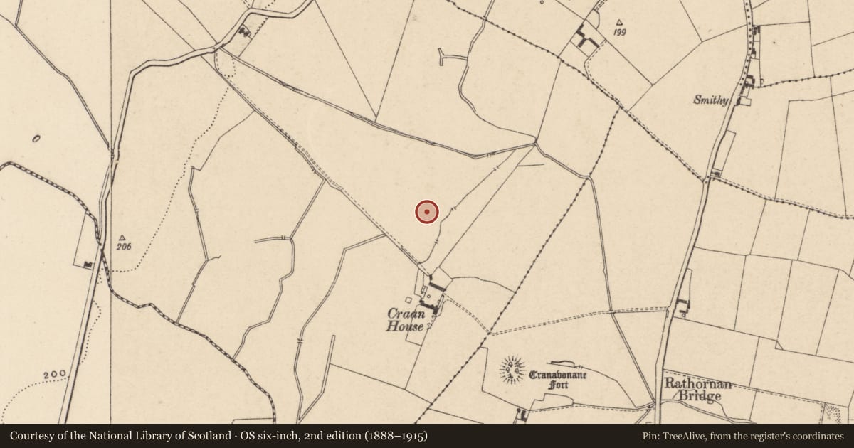 Ordnance Survey six-inch map, 2nd edition (1888–1915) covering the location of Burnt mound, Cranavonane, County Carlow, with a pin at the register's coordinates