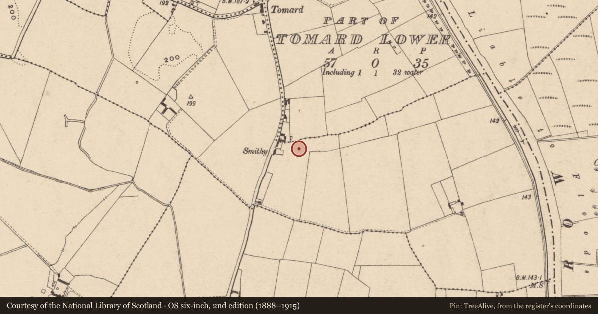 Ordnance Survey six-inch map, 2nd edition (1888–1915) covering the location of Ring-ditch, Tomard Upper, County Carlow, with a pin at the register's coordinates
