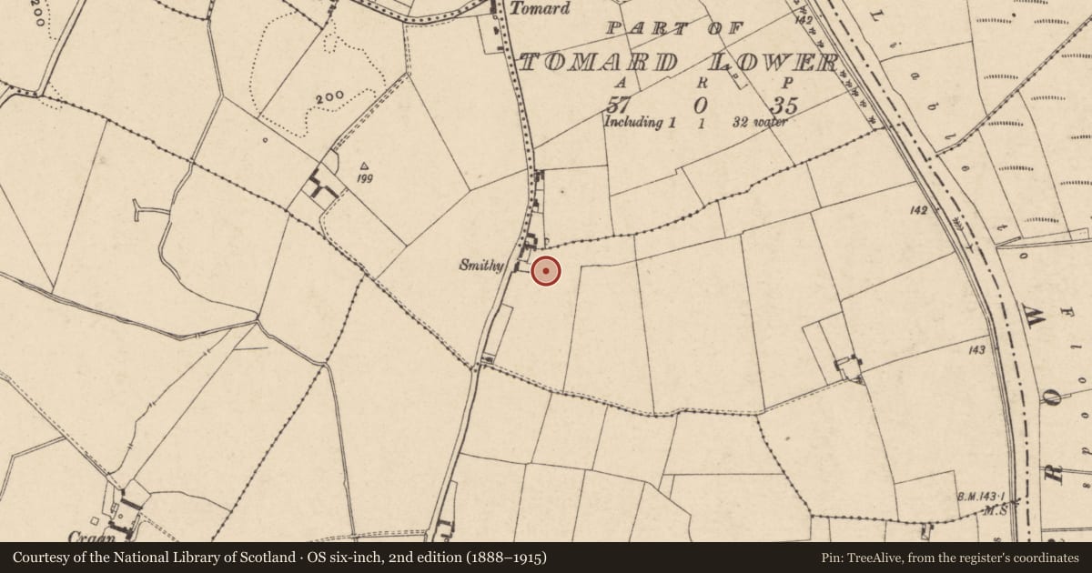 Ordnance Survey six-inch map, 2nd edition (1888–1915) covering the location of Ring-ditch, Tomard Upper, County Carlow, with a pin at the register's coordinates