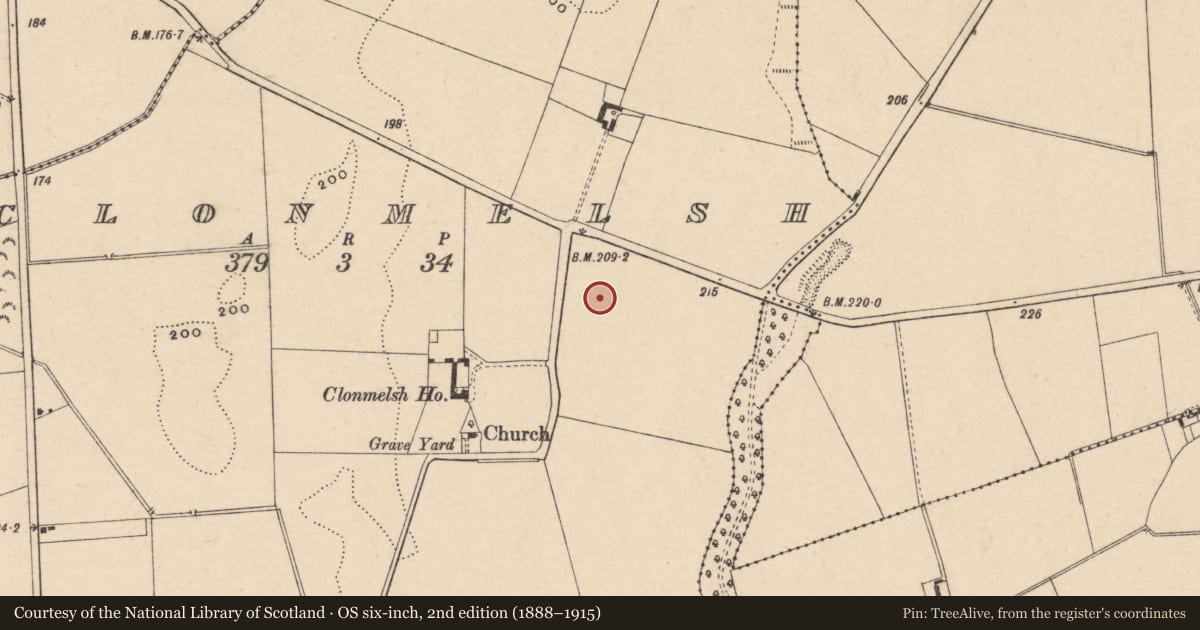 Ordnance Survey six-inch map, 2nd edition (1888–1915) covering the location of Ring-ditch, Clonmelsh, County Carlow, with a pin at the register's coordinates