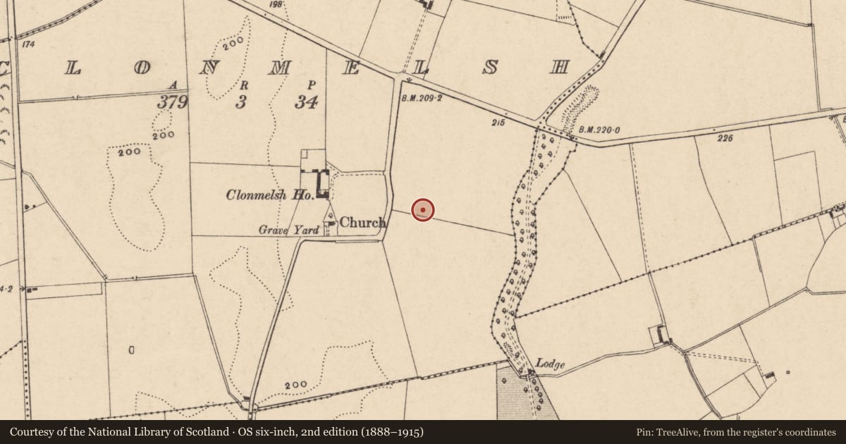 Ordnance Survey six-inch map, 2nd edition (1888–1915) covering the location of Enclosure, Clonmelsh, County Carlow, with a pin at the register's coordinates