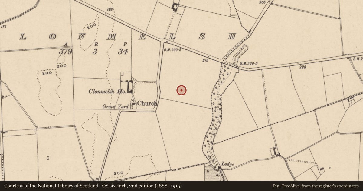 Ordnance Survey six-inch map, 2nd edition (1888–1915) covering the location of Field system, Clonmelsh, County Carlow, with a pin at the register's coordinates